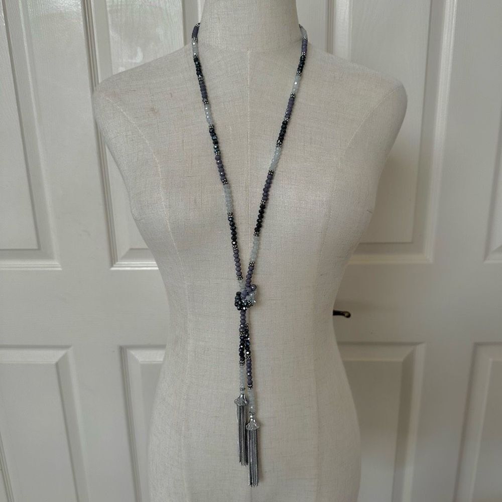 Grey long beaded silver tone chain tassel necklace